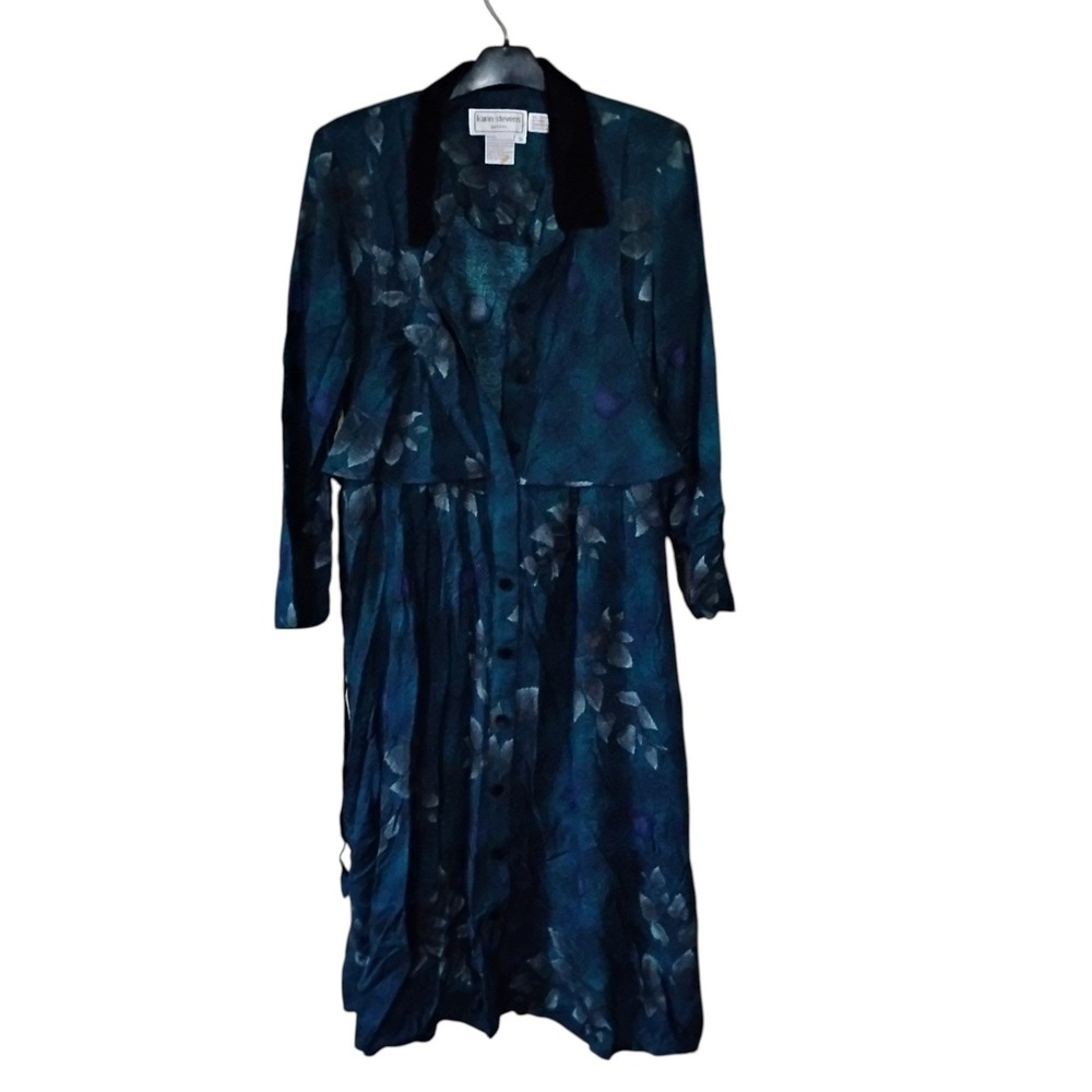 Karin Stevens Petites Vintage Teal Floral Rayon Dress Velvet Collar Size 10P